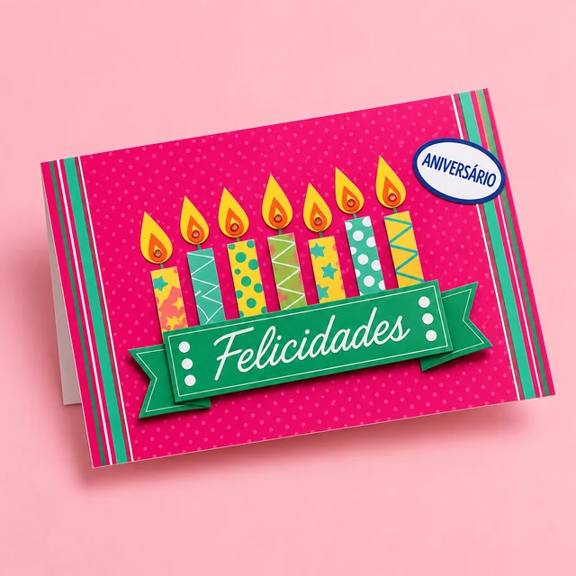 Cartão rosa de aniversário com velas coloridas e mensagem Felicidades