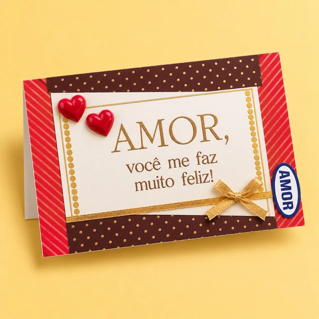Cartão vermelho de amor com corações e laço dourado