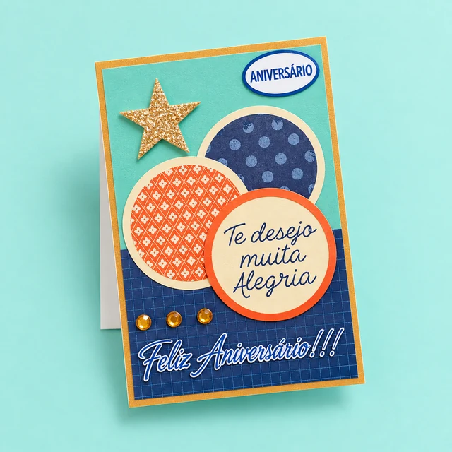 Cartão de aniversário com balões e estrela dourada